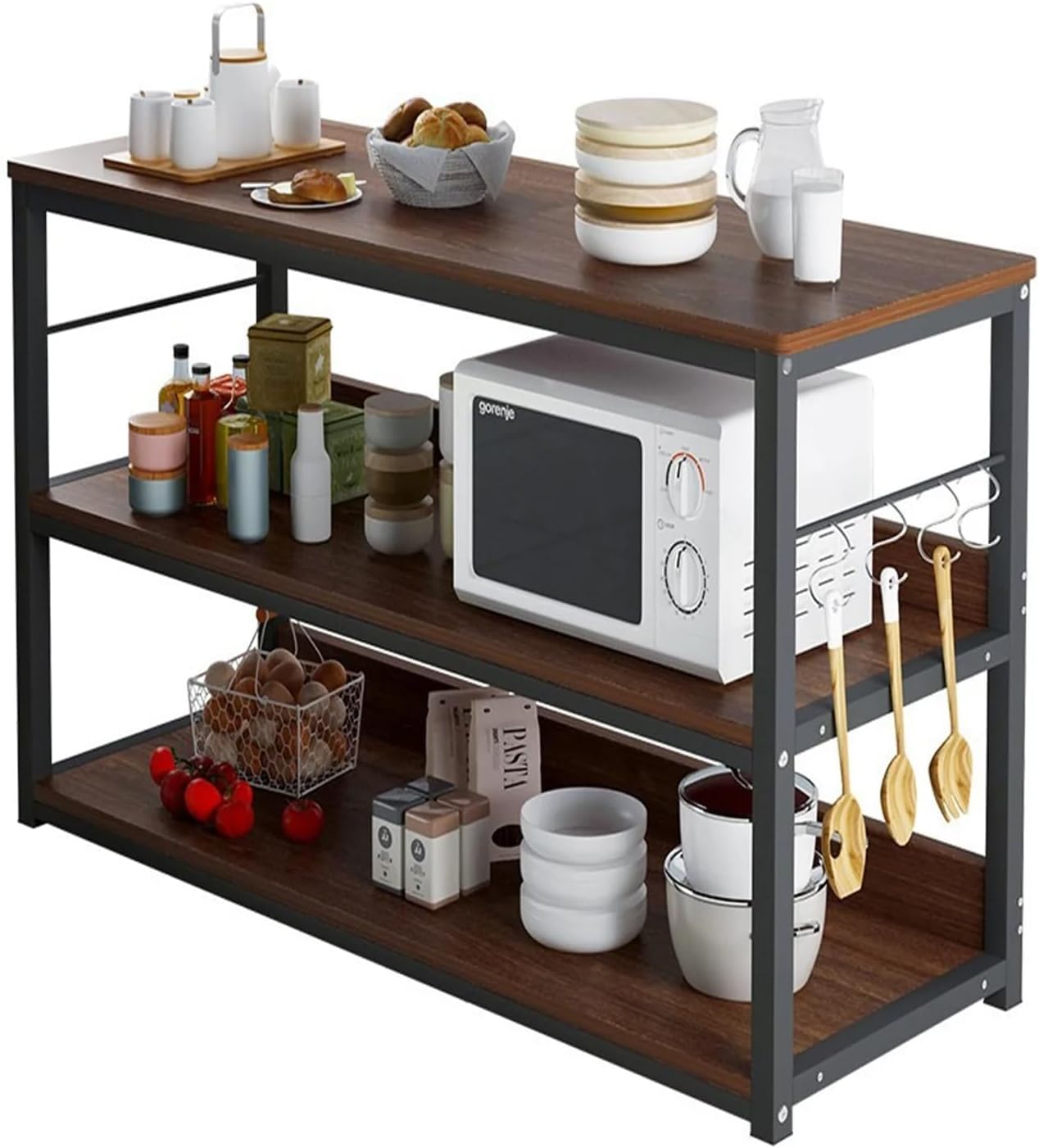 Kitchen Rack, Storage Shelf, Multi-Purpose Baker’s Island Stand, Floor Cooking Table, Microwave Oven Workbench, Fruit Vegetable Cart Home Utility Organizer wit Metal Frame & Wooden Shelves (3Tiers)