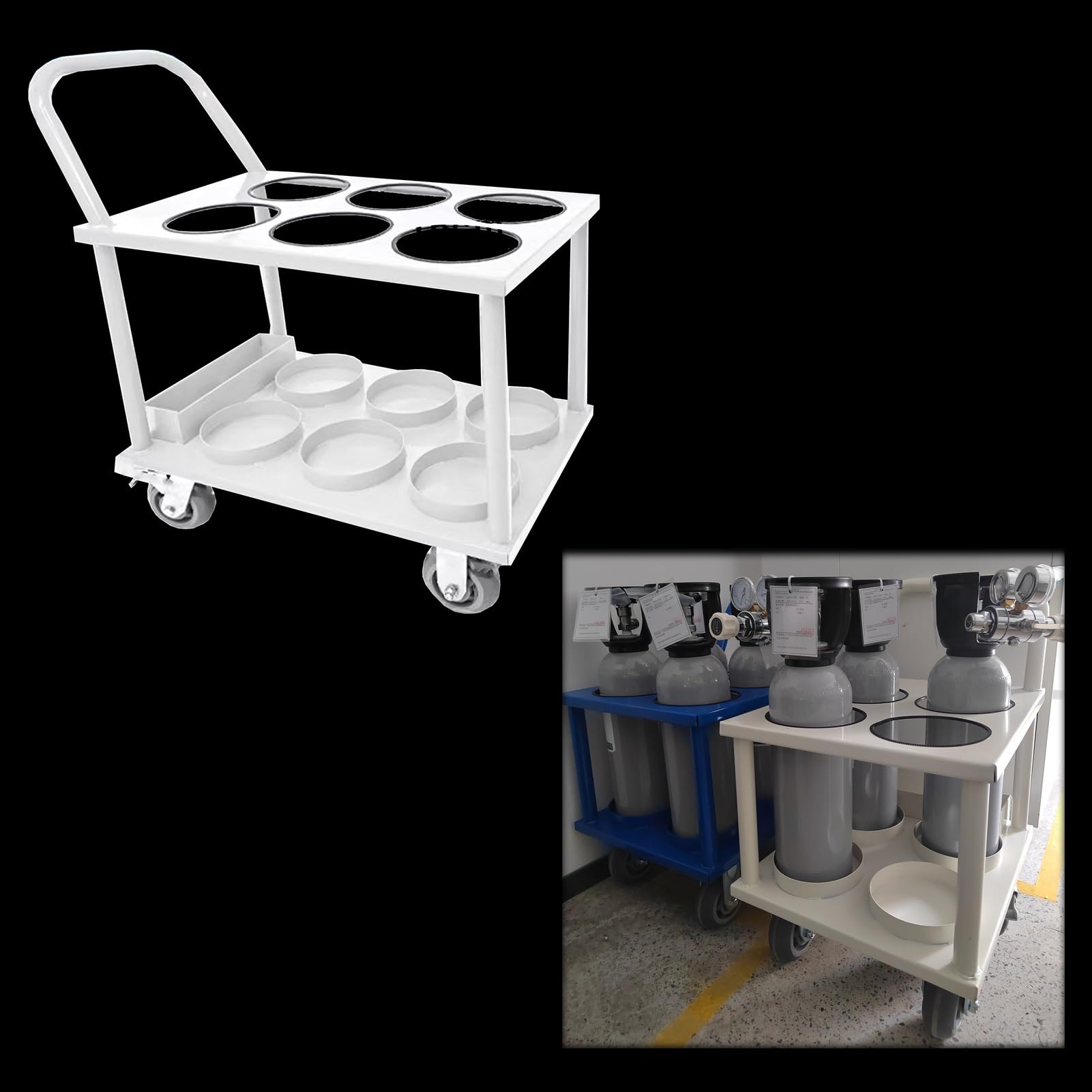 GLJTUO Oxygen Cylinder Rack 4-Wheel Oxygen Tank Cart Holder, 6.3" Diameter Oxygen Cylinder Trolley, Oxygen Cylinder Stand for 4/ 5L Tank, for Storage & Transportation,White-6 slots