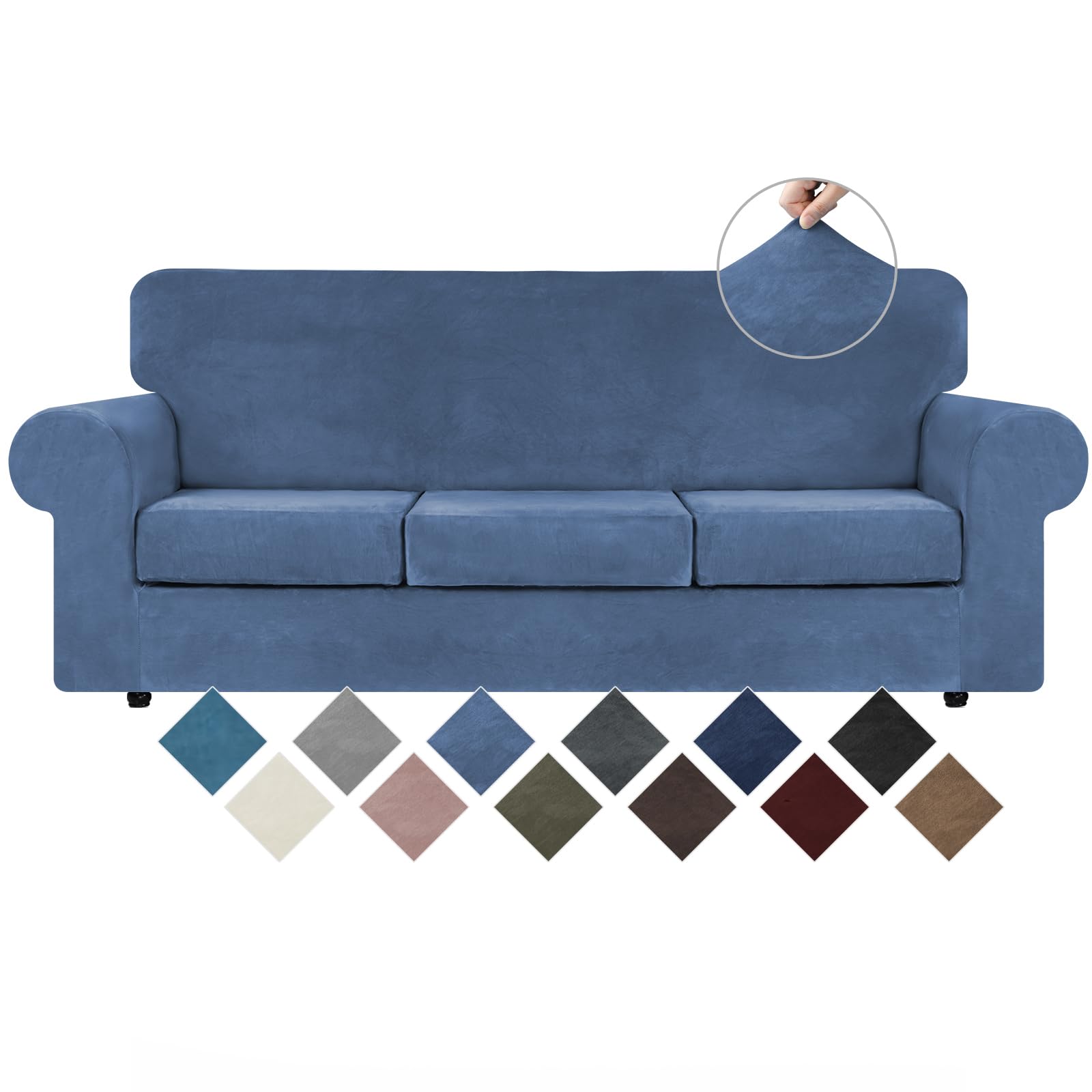 Photo 1 of WEERRW Velvet Plush Fabric 4 Pieces Sofa Covers for 3 Cushion Couch with Elastic Bottom Straps in Light Blue