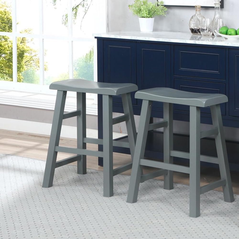 eHemco Heavy-Duty Saddle Seat Kitchen Counter Height Barstools, 24 Inches, Gray, Set of 2
