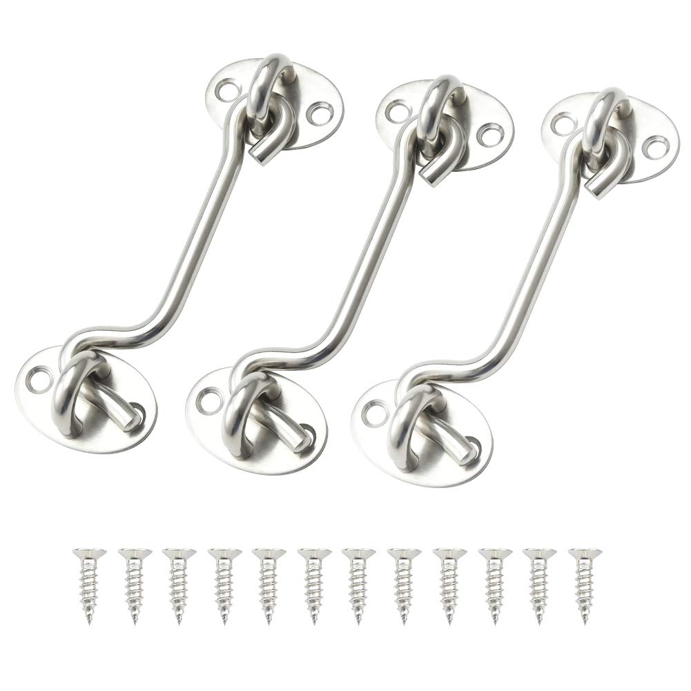 Jalan Cabin Hook, Eye Latches & Bolt for Door Locks, Window Brace Silent Holder, Stainless Steel, Silver (3Pc 4 inch)