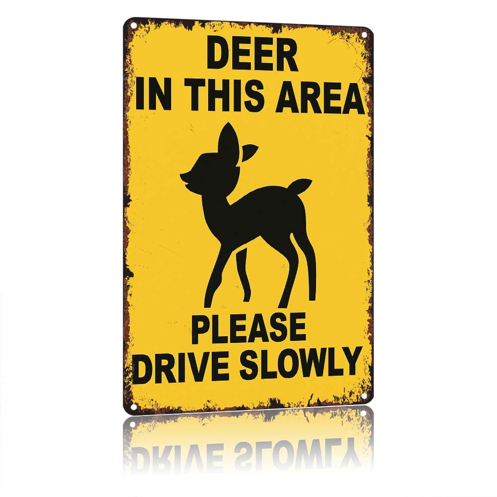 peiyeety Deer In This Area Please Drive Slowly Vintage Aluminum Metal Tin Sign, 12x8 Inches, Retro Distressed Decorative Warning Sign for Roadside Driveway Garden Garage Outdoor Wall Decoration