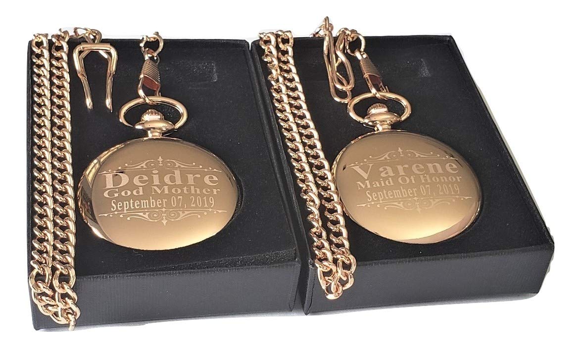 2 Custom Engraved Pocket Watches Gift Set for Men or Women - Groomsmen Personalized Watch with Chain and Box Included - Engraving Included, Wedding Set for Him or Her. (Gold Polished)