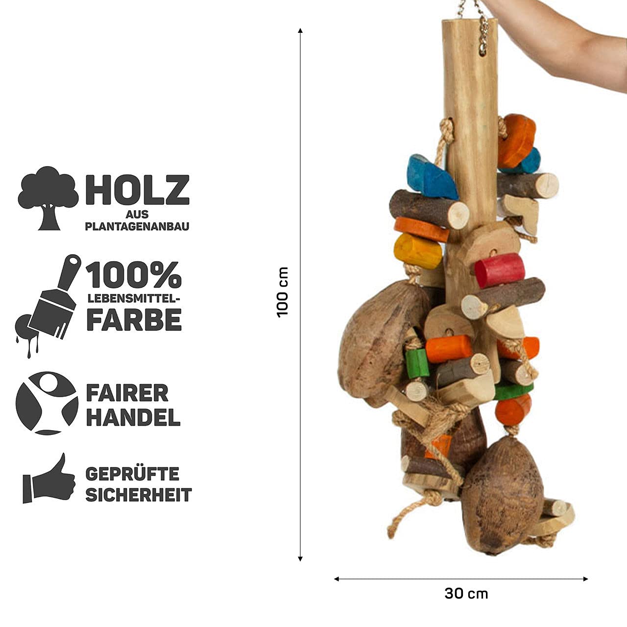 HappyBird | Riesen-Holz-Kokusnuss Vogelspielzeug | Gigant Coco Foraging | 100 x 30 x 32 cm | Shredder-Spielzeug für Papageien