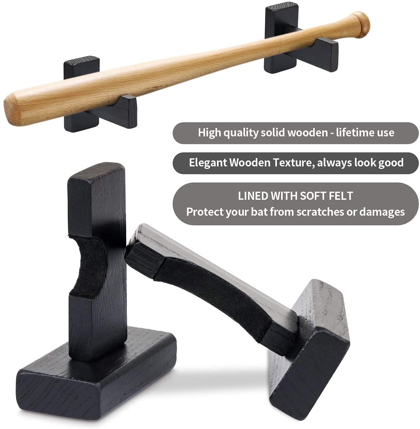Support d'affichage de batte de baseball, 1 paire de supports de suspension de support mural de batte de baseball en bois d'affichage horizontal de batte de baseball ( Noir)
