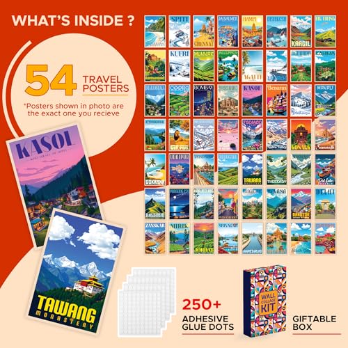 Image of CodersParadise Vintage India Travel Wall Collage Kit - 54PCS Premium 4x6 Inch Cardstock Photo Posters with Glue Dots for Aesthetic Retro Bedroom, Home, Dorm & Living Room Wall Decor