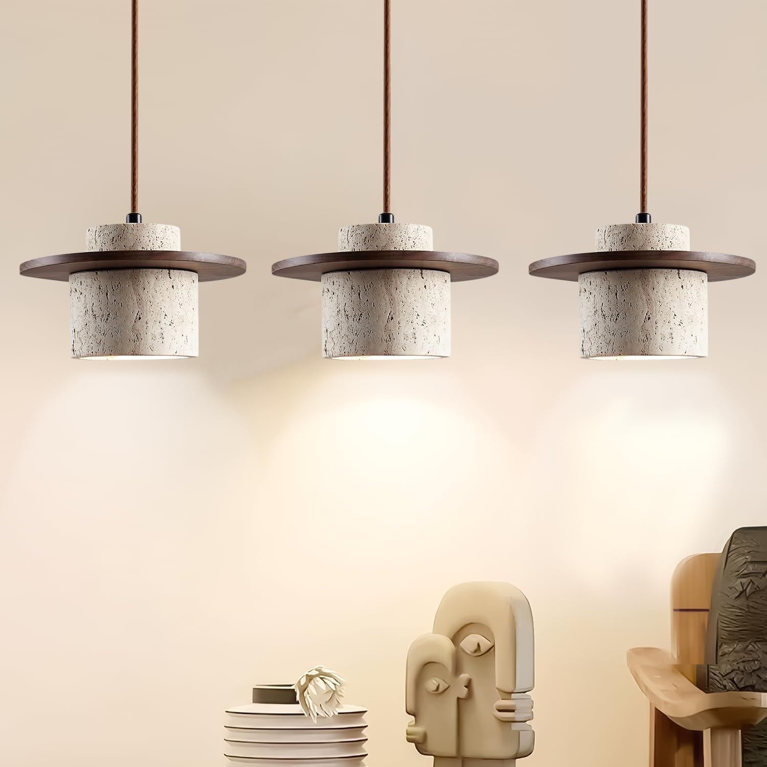 Stesulfr Pendant Lighting Japanese Style Wabi Sabi Pendant Light E27 Nordic Marble Chandeliers Natural Stone Shade Simple Hanging Light Fixture for Dining Room Bedside Kitchen Island Hallway(3PC)
