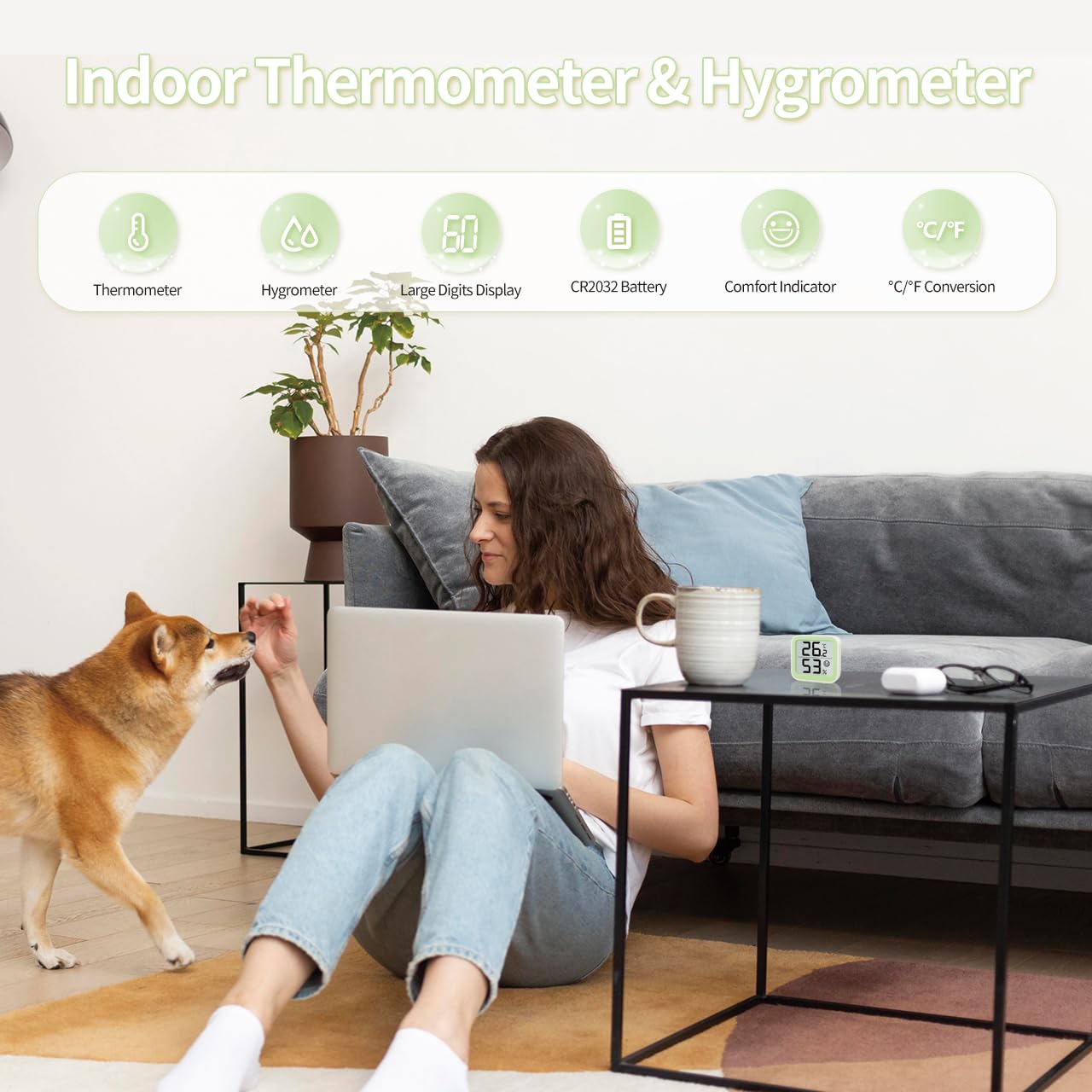 NOKLEAD Termometro Misuratore di umidità Interno Mini igrometro Monitor Dispositivo di misurazione della temperatura ambiente con icona facciale Indicatore di comfort (2, Verde, 5cm)
