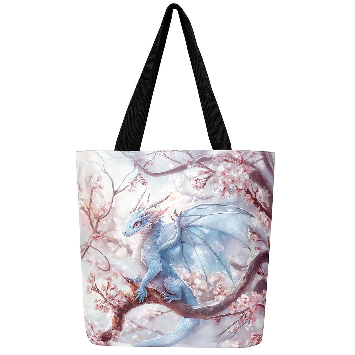 Cute Dragon Canvas Tote Bag Kawaii Western Animal Shoulder Handbags 19.7x15.7 Inch for Shopping Gym Yoga