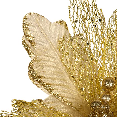 Pusuny 6Pcs 10“ Gold Christmas Flowers Glitter Poinsettia Artificial Flowers With Stems Decorations Xmas Tree New Year Ornaments Wedding Party Wreath Decor #TOP2