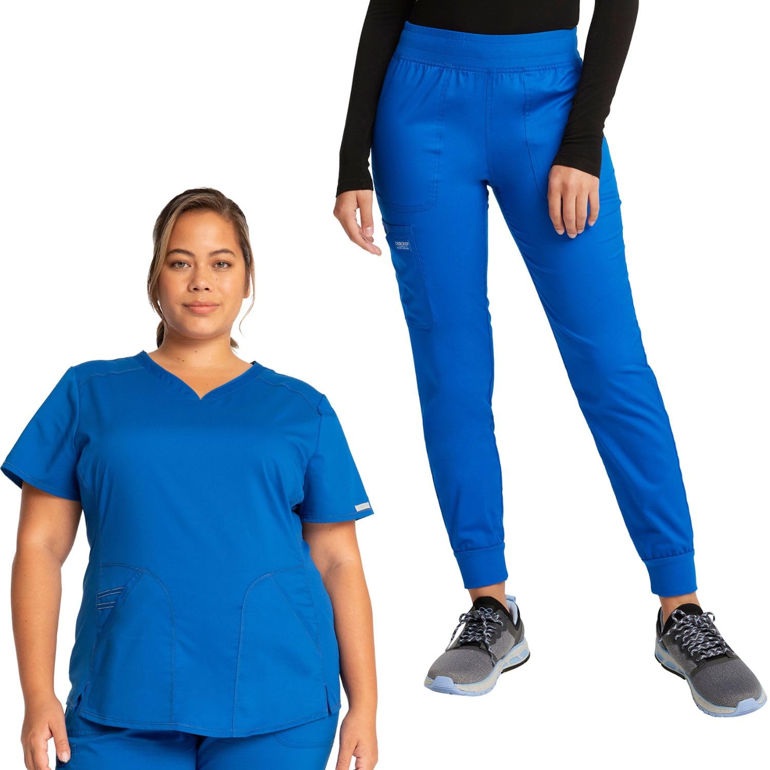Cherokee Women Scrub Set V-Neck Scrub Top WW601, with Mid Rise Scrub Jogger Pants WW115