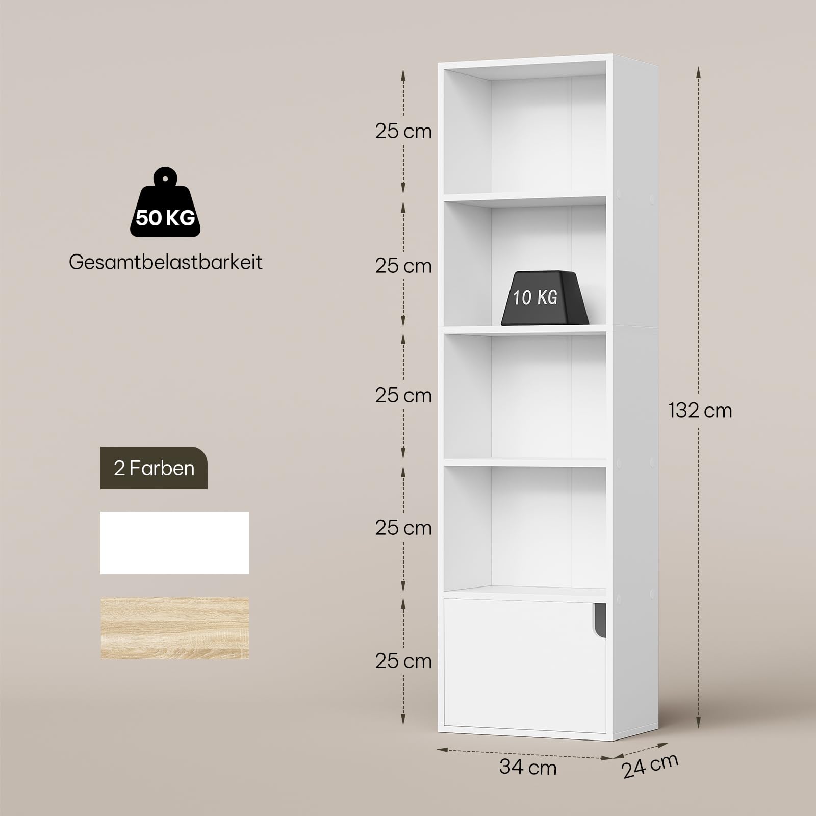 eSituro Bücherregal weiß, schmales Regal mit Tür, 5 Fächern