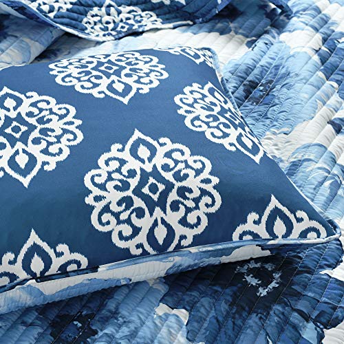 Image of Lush Decor Leah Reversible Floral Quilt Set, 3 Piece Set, King, Navy & White - Watercolor Botanical - Cottage Core - French Country Decor- Bedding Queen Size