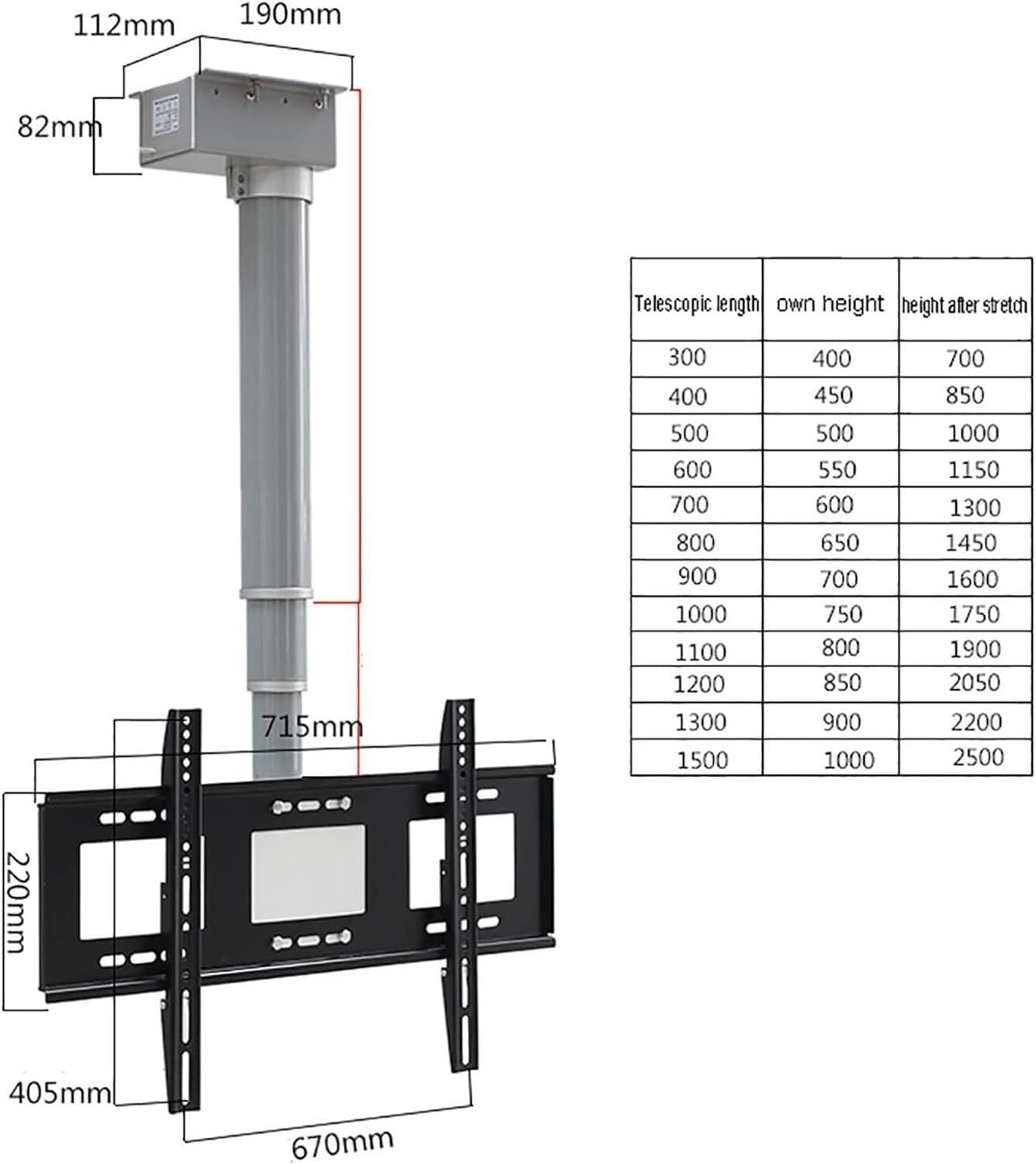 Staffa di montaggio TV da soffitto regolabile, supporto motorizzato per TV a schermo grande da 26 a 70 pollici (40 cm)