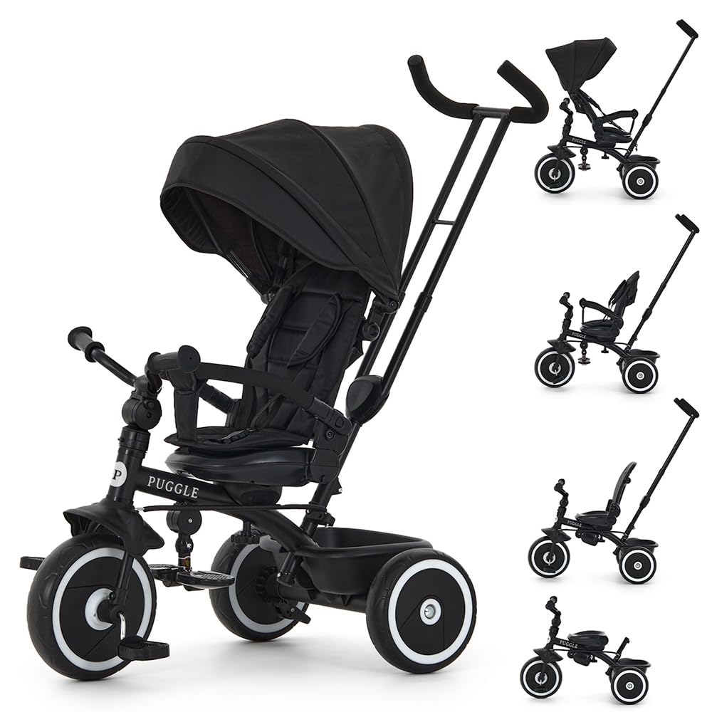 Puggle Easy Twist 6-in-1 Folding Trike with Parent Handle (Midnight Black)