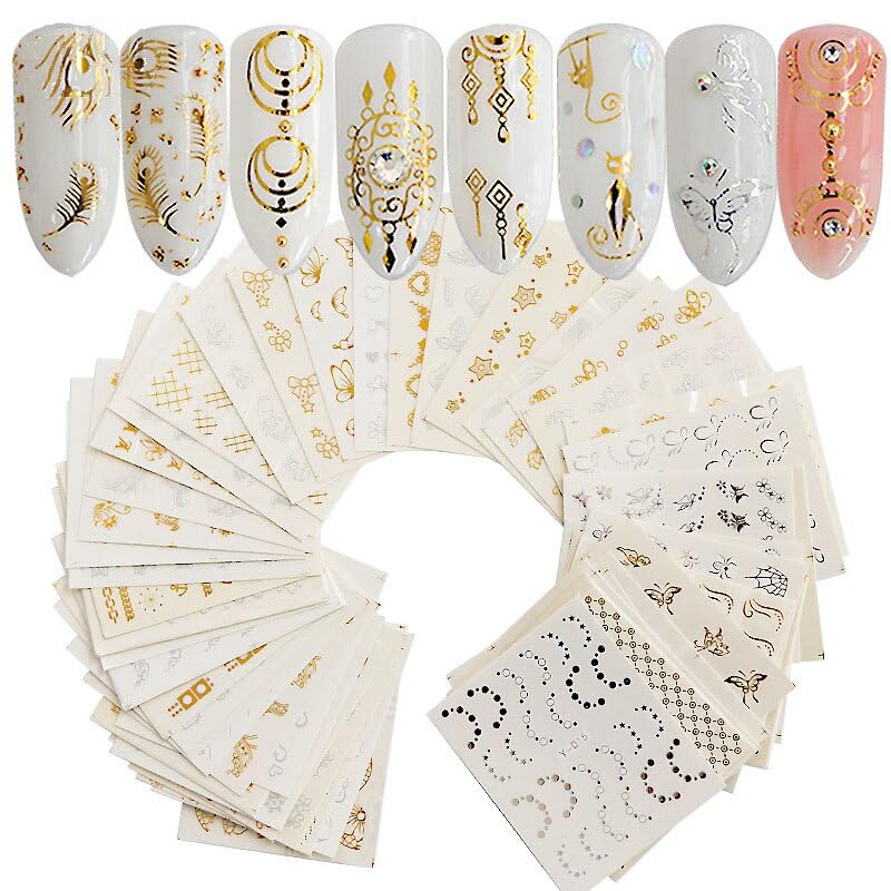 D.B.Z.30 Sheets Gold Silver Nail Art Water Transfer Decals Metallic Nail Stickers Butterfly Lace Flower Dream Catcher DIY Nail Decals