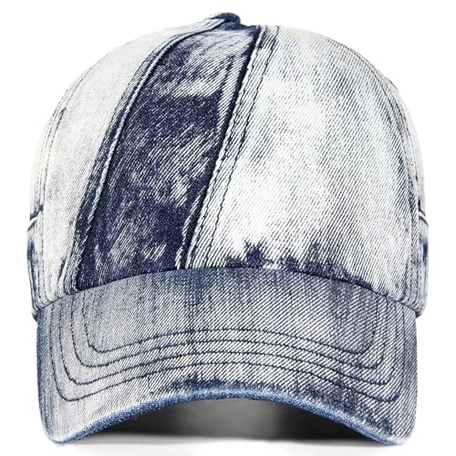 Vintage Washed Denim Baseball Cap, Tie-Dye Distressed Dad Hat for Men & Women, Adjustable Cotton Low-Profile Cap (US, Alpha, One Size, FK76 Blue)