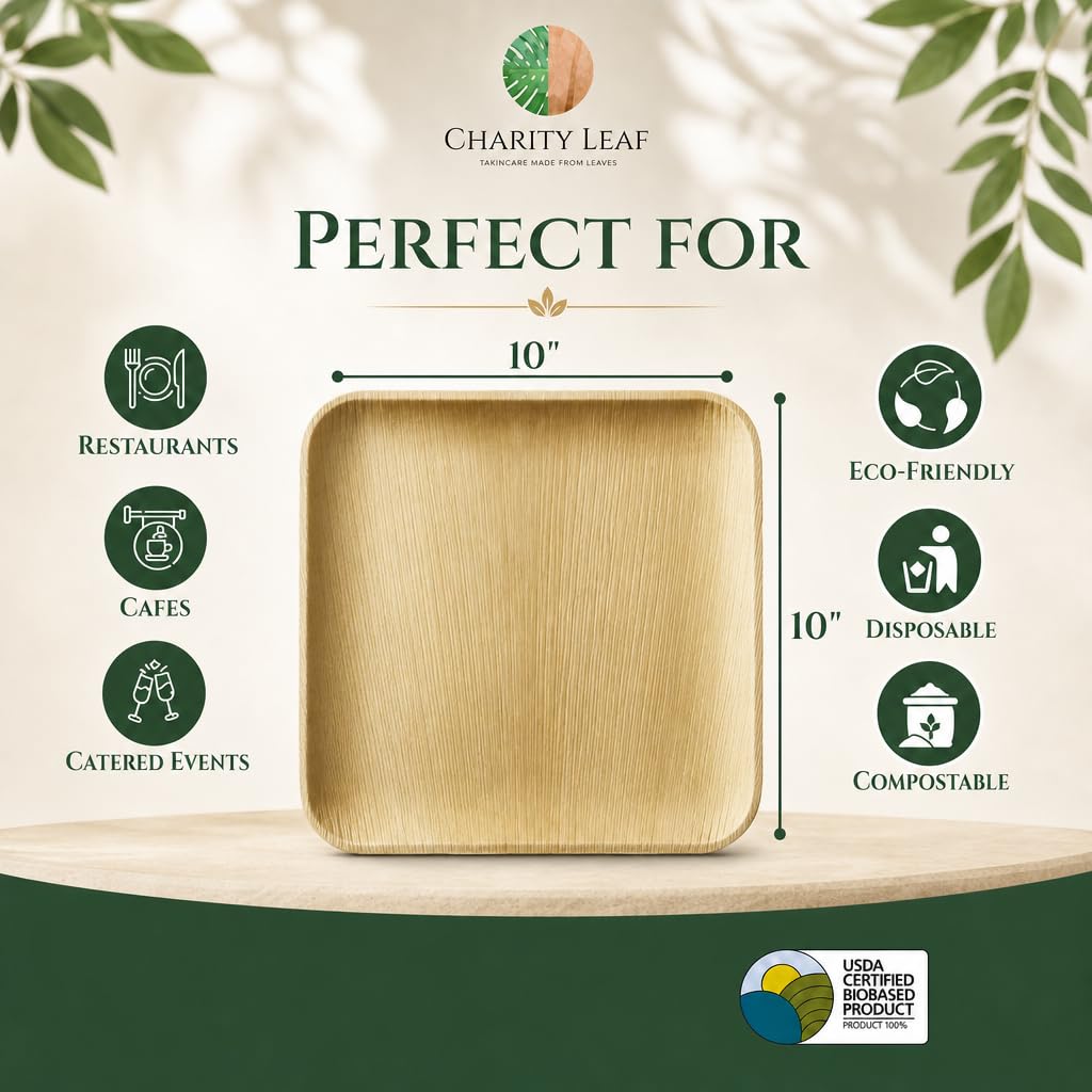 Charity Leaf - Platos desechables de hoja de palma como juego de platos cuadrados de bambú| bodas, tablas de embutidos, barbacoas y fiestas | Platos Cuadrados (50, 10 Cuadrados)
