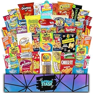 Snack Variety Pack for Adults Kids (50 Count) School Lunches Camping Sleepover New Year’s Valentine’s Day Christmas Holiday Candy Treats Chips Gift Box Nostalgia 90’s Snacks College Student Care Package by Supreme Stash