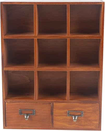 Estante de almacenamiento vintage con 2 cajones, 9 cubos de madera, estante abierto para dormitorio, 13.1 x 3.93 x 16.7 pulgadas, mango de metal,