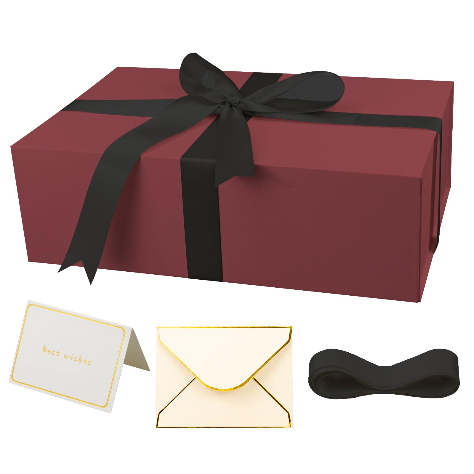 YINUOYOUJIA Burgundy Gift Boxes with Lid,14"x9"x4.5" Magnetic Gift Box with Ribbon,Cards and Envelopes for Presents,Great for Wedding,Birthdays,Crafting,Gift Packaging.