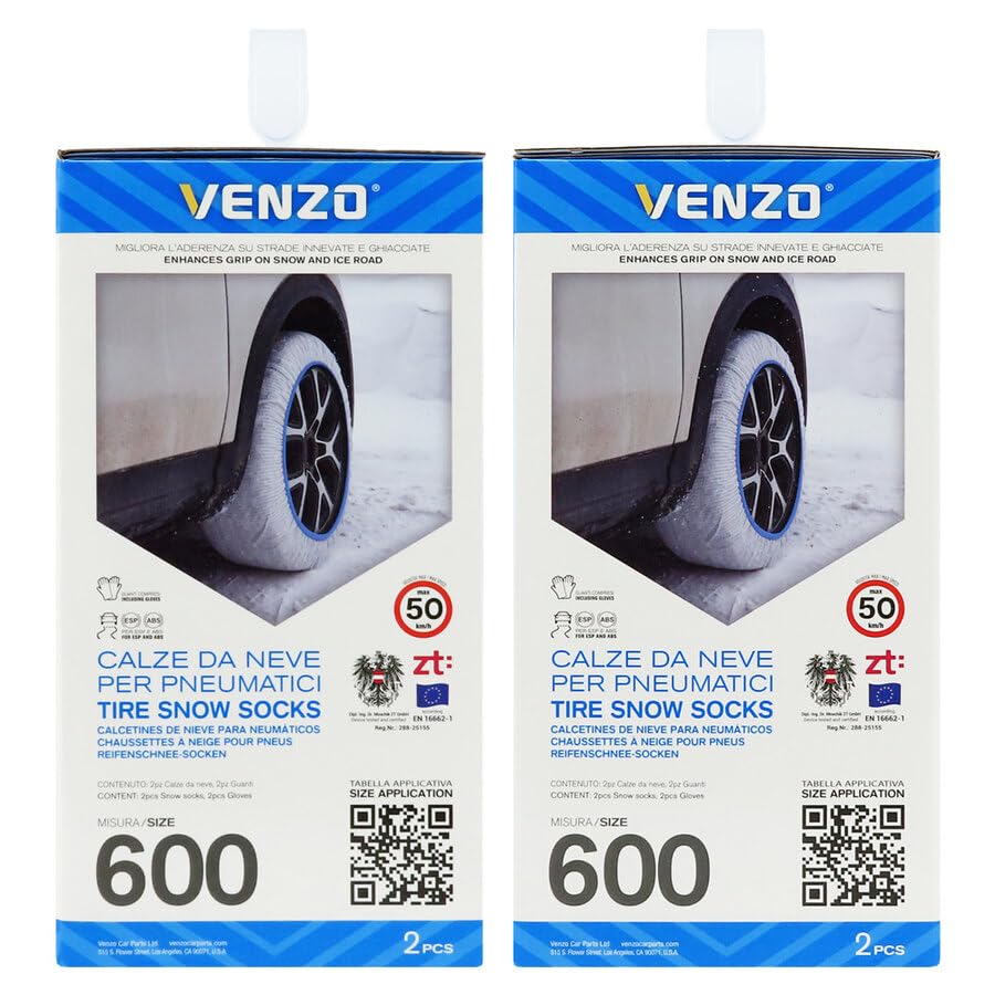 VENZO Calze da Neve per Auto Omologate EN16662-1| Coppia Dispositivi Antiscivolo per Pneumatici - Alternativa a Catene da Neve | Trazione Sicura su Ghiaccio e Neve | Montaggio Rapido (697)