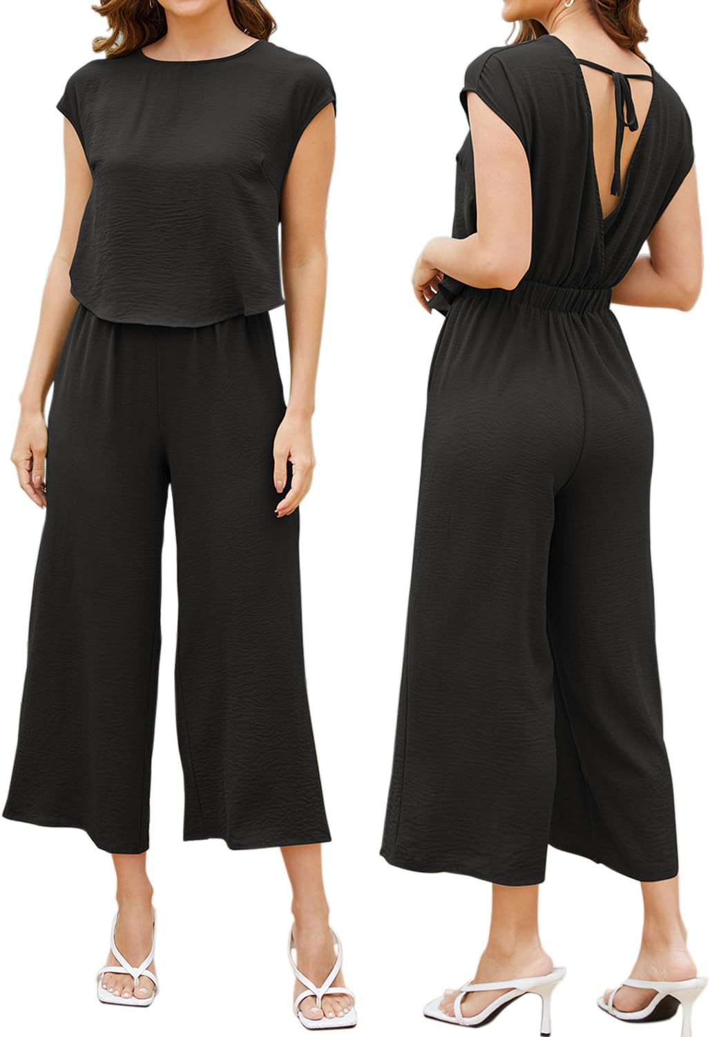 ROYLAMP Women's Summer Casual Jumpsuit Sleeveless Cutout Crop Backless Tie Back Cropped Wide Leg Rompers with Pockets