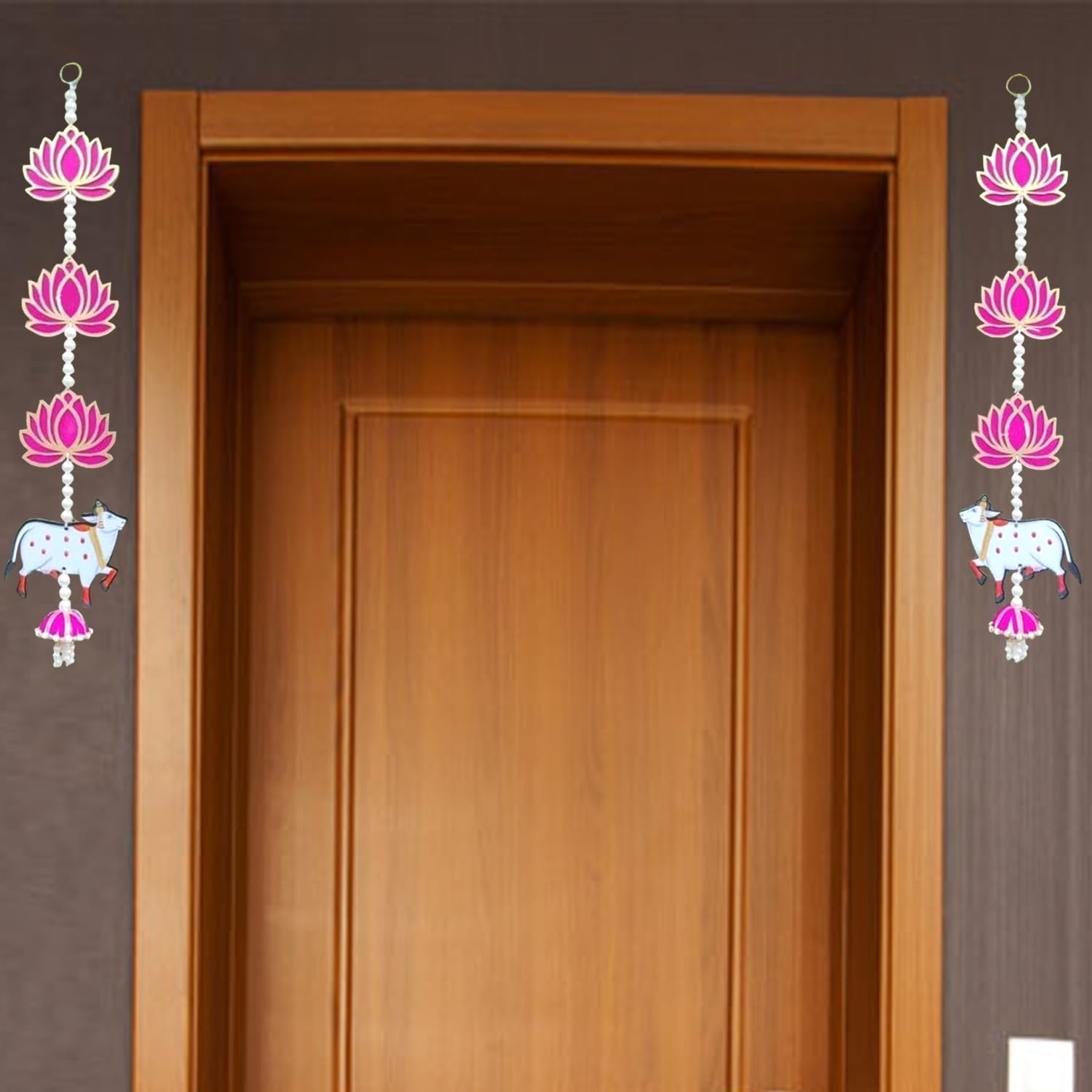BENAVJI Presents Handmade MDF Wooden Lotus with Cow Door Toran Jhumka Style Hanging for Diwali Decoration Wall Hangings for Home Decor, Temple, Main Door Entrance 60 Cm Length Pack of 2 - Image 6 thumbnail