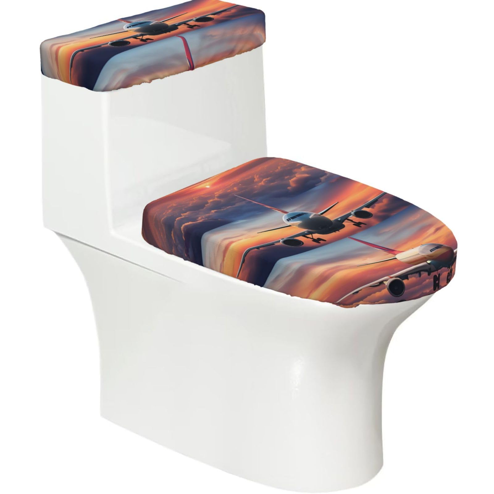 Airplane Sunset Sky Print Toilet Seat Lid And Tank Covers Universal Fit Smooth Seat Cushion Easy To Clean For Home Hotel