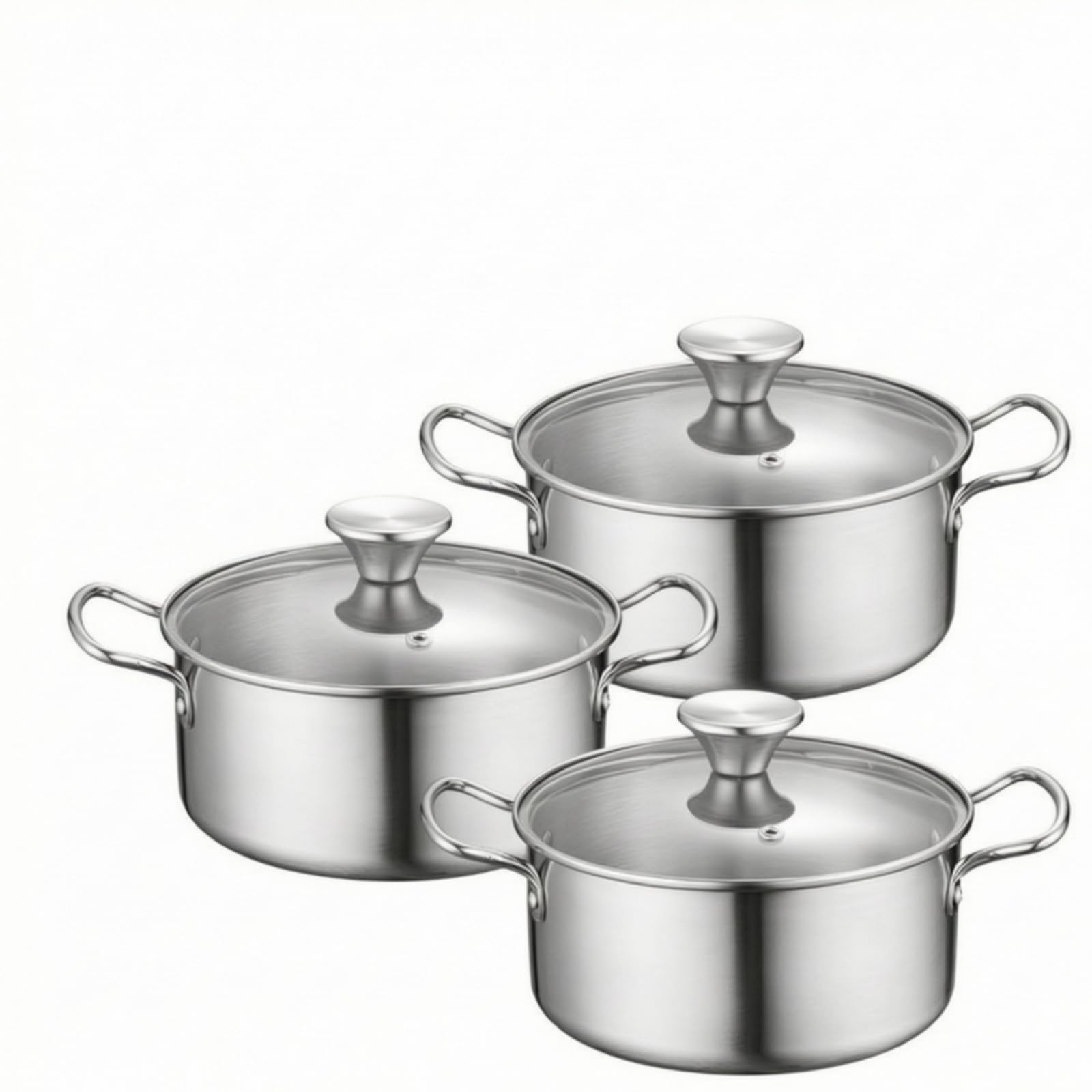 Yajuyi Kochtopf set Edelstahl Töpfe Pfannen Suppentopf Topfset mit Glasdeckel zur Sicht Beim Stabiler Boden für Gleichmäßiges Erhitzen mit Sicheren Griffen, Silbergriff, 16-18-20CM