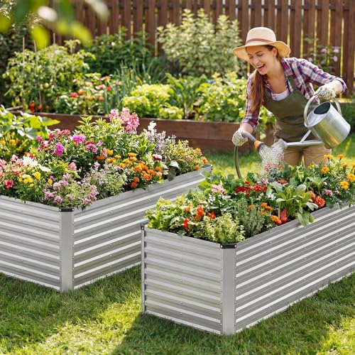 Image of NEWBULIG Galvanized Raised Garden Bed Outdoor, 8x4x2ft 2 Pack Metal Planter Box for Gardening, Rust-Resistant Rectangular Raised Flower Bed for Vegetables Flowers Herbs, Open Bottom, Easy Assembly