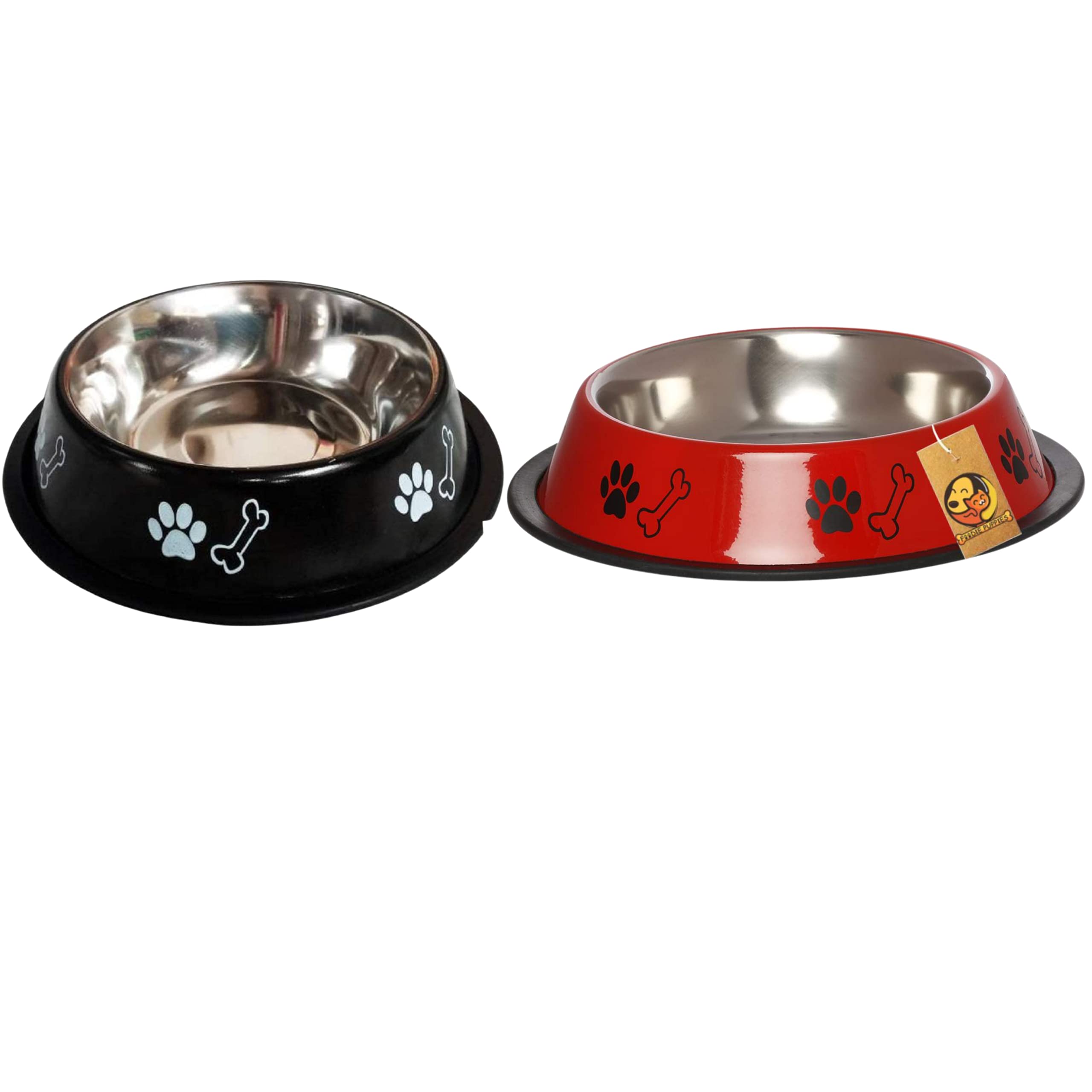 Foodie Puppies Stainless Steel Dog Bowl Combo - (Medium, 700ml) Food and Water Feeding Gift Bowl | Suitable for Dogs, Cats and Other Pets I Paw Bone Print, Anti-Skid Rubber Base (Black + Red)