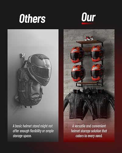 Miniatura 5 de Vieshful Soporte de pared para casco de motocicleta, organizador de casco con tablas de madera de 2 capas y 4 soportes para sombreros, colgador de