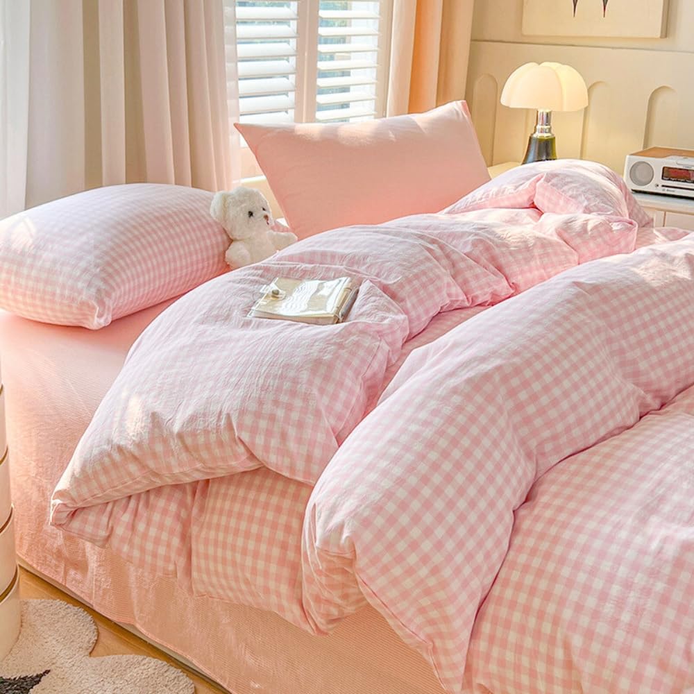Michorinee King Size Duvet Cover Set Pink White Plaid Pattern Country Style Bedding Set with Zipper Closure Aesthetic Cute Soft 110g/㎡ Washed Microfibre Girls Quilt Cover with 2 Pillowcases 50x75 cm
