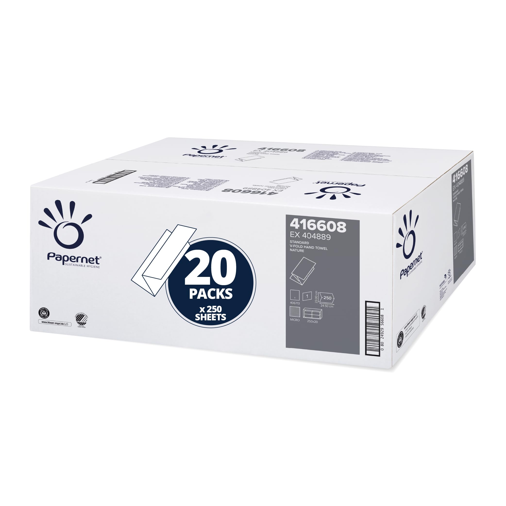 Papernet V-Falz 416608 - Toallitas reciclables certificadas Ángel azul, plegadas, compatible con dispensador Papernet antibacteriano C/V, 20 paquetes de 250 hojas de 23 x 24,5 cm