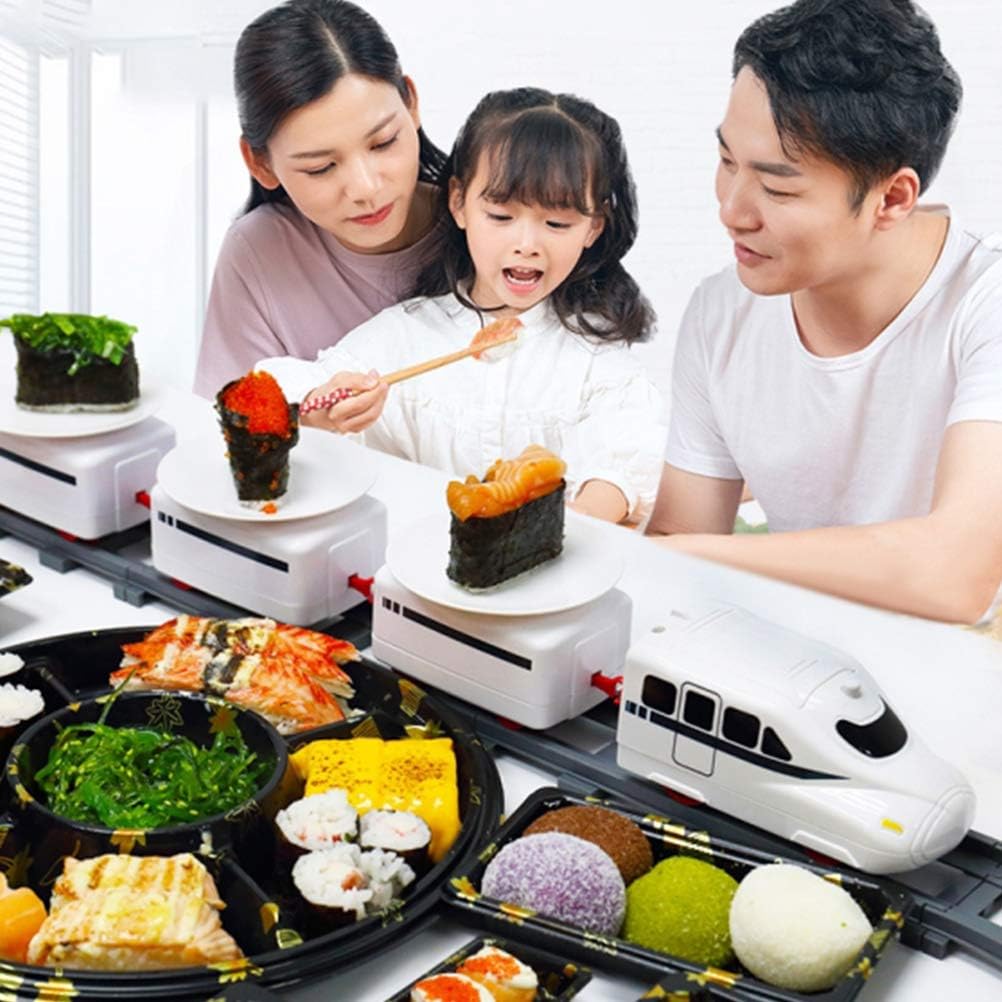 Rotating Sushi Toy Electric Revolving Sushi Rail Train Set Kids Role-Playing, Train Goes Around Rotating Sushi Tray Household Rail Conveyor Belt Rotating Table for Sushi Display Table Swing Plate