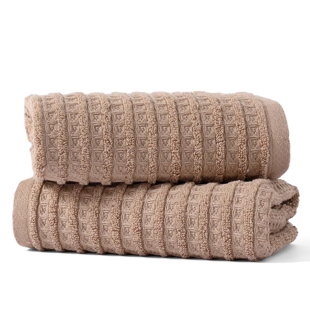 sense gnosis Brown Hand Towel Set of 2 Waffle with Terry Striped Pattern 100% Cotton Ultra Soft Absorbent Towels for Bathroom Kitchen Home 13 x 29 Inch - Image 3