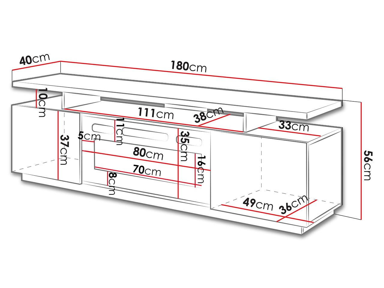 Mirjan24 Lostino - Armadio TV con camino elettrico LED, fiamma reale, fornello di cristallo, riscaldamento TV LED (Low board)