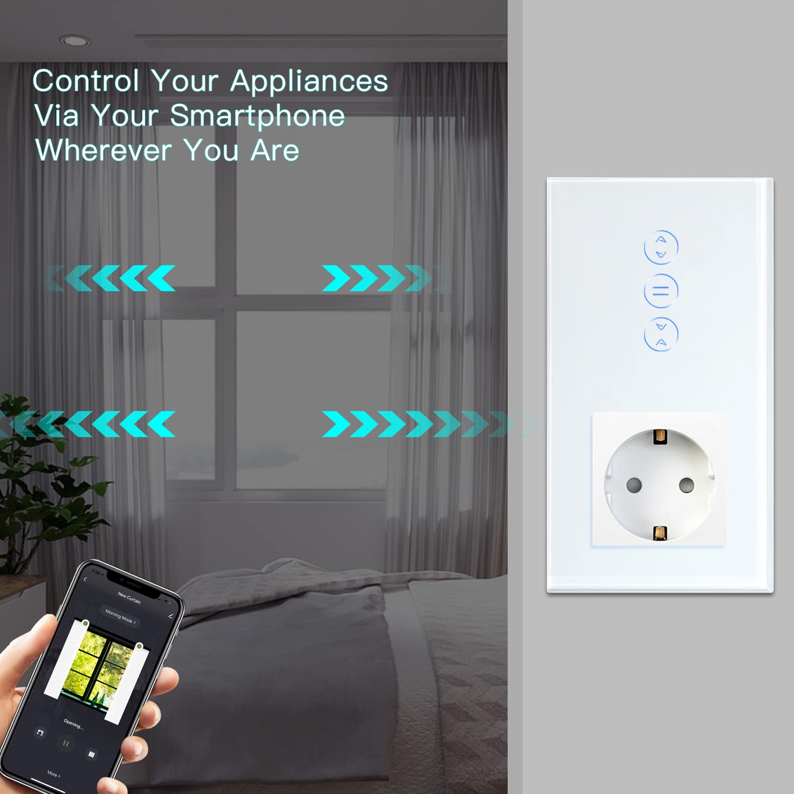 BSEED Przełącznik WiFi Smart Alexa z gniazdkiem, kompatybilny z Google Home Tuya, szklany przełącznik ekranu dotykowego, przełącznik żaluzji (wymagany przewód neutralny), biały