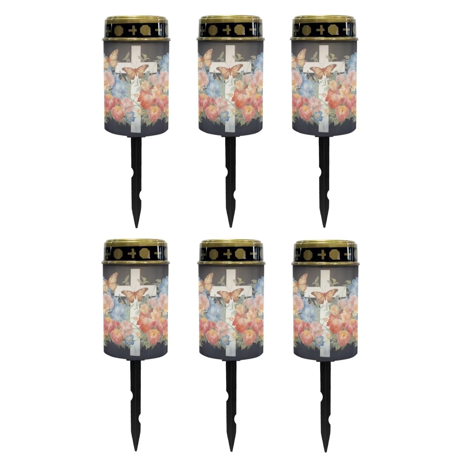 Poceacles Cross Solar Lights Outdoor for Cemetery Grave Decorations, Fake LED Pillar Candles Solar Powered Waterproof Outdoor Stake Lights Grave Markers, Butterfly White Cross Flower, Pack of 6