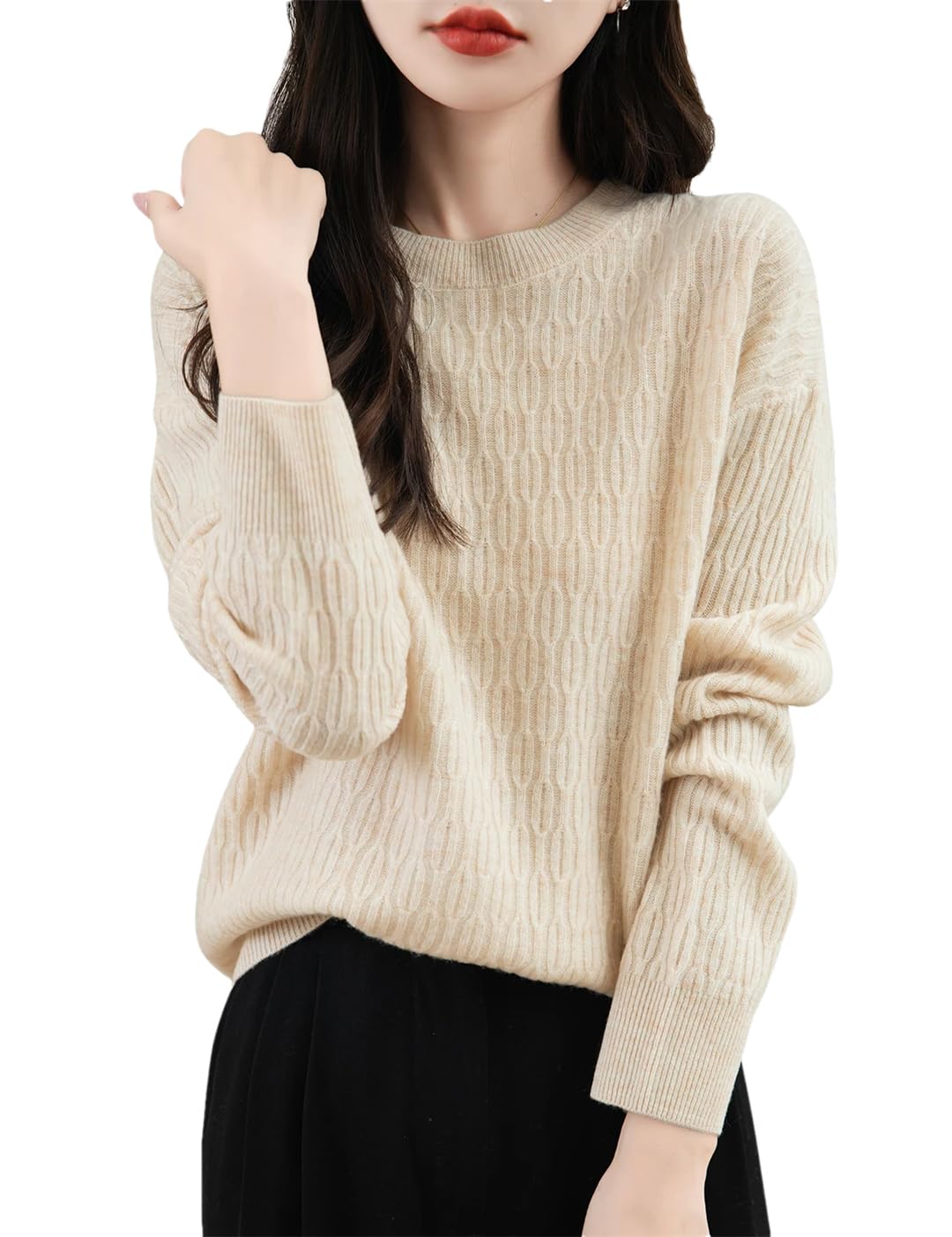 Damski sweter z mieszanki wełny z okrągłym dekoltem sweter z długim rękawem sweter ciepły dzianinowy solidny sweter, BEŻOWY, M