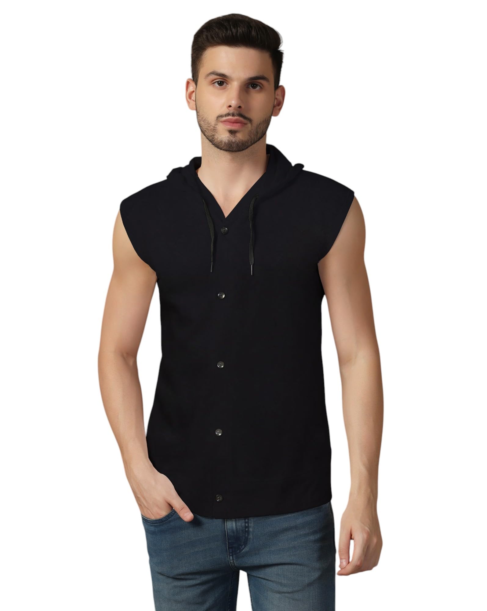 tfurnish Men's Sleeveless Hooded Button-Down T-Shirt | Casual Streetwear & Gym Vest with Drawstring Hood-picture-34