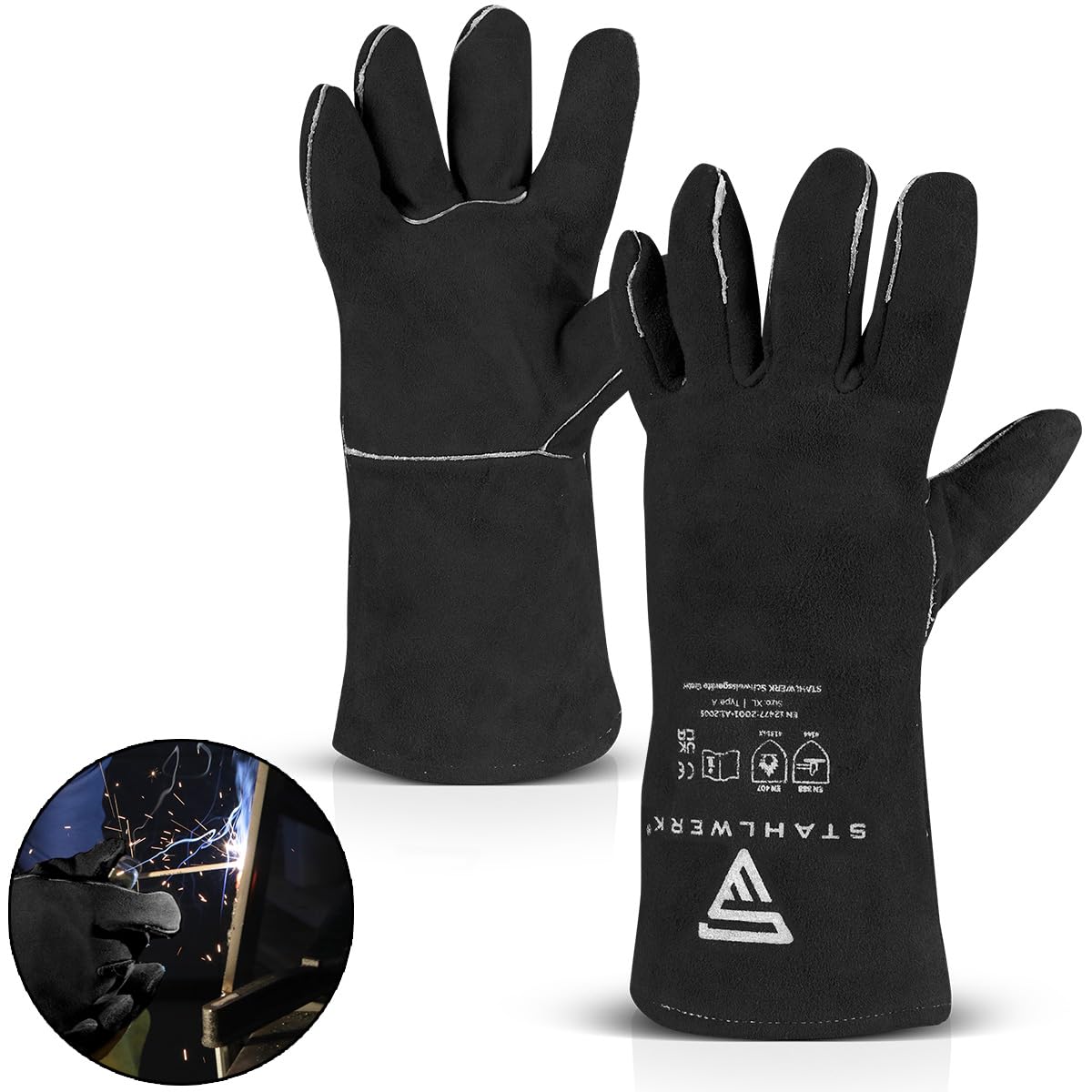 STAHLWERK guantes de soldadura guantes de protección térmica extra robustos | guantes de trabajo | guantes de soldadura | guantes resistentes al calor de serraje para soldadura