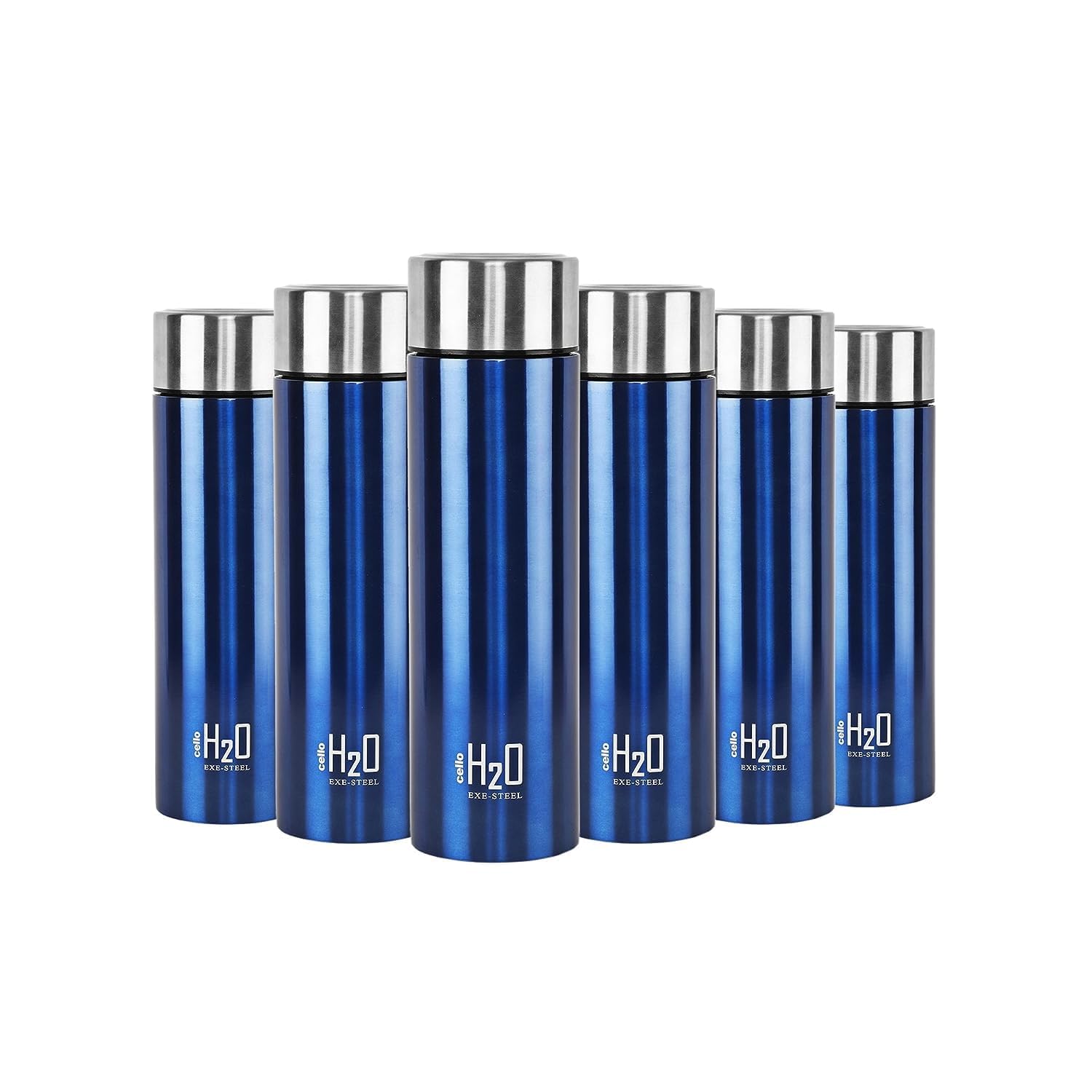 CELLO H2O Stainless Steel Water Bottle for Office & Daily Use Set of 6 Pcs, 1000 ml Blue | Single Wall Freezer & Fridge Safe, Lightweight Leakproof Rustproof Steel Water Bottle for School Gym Travel