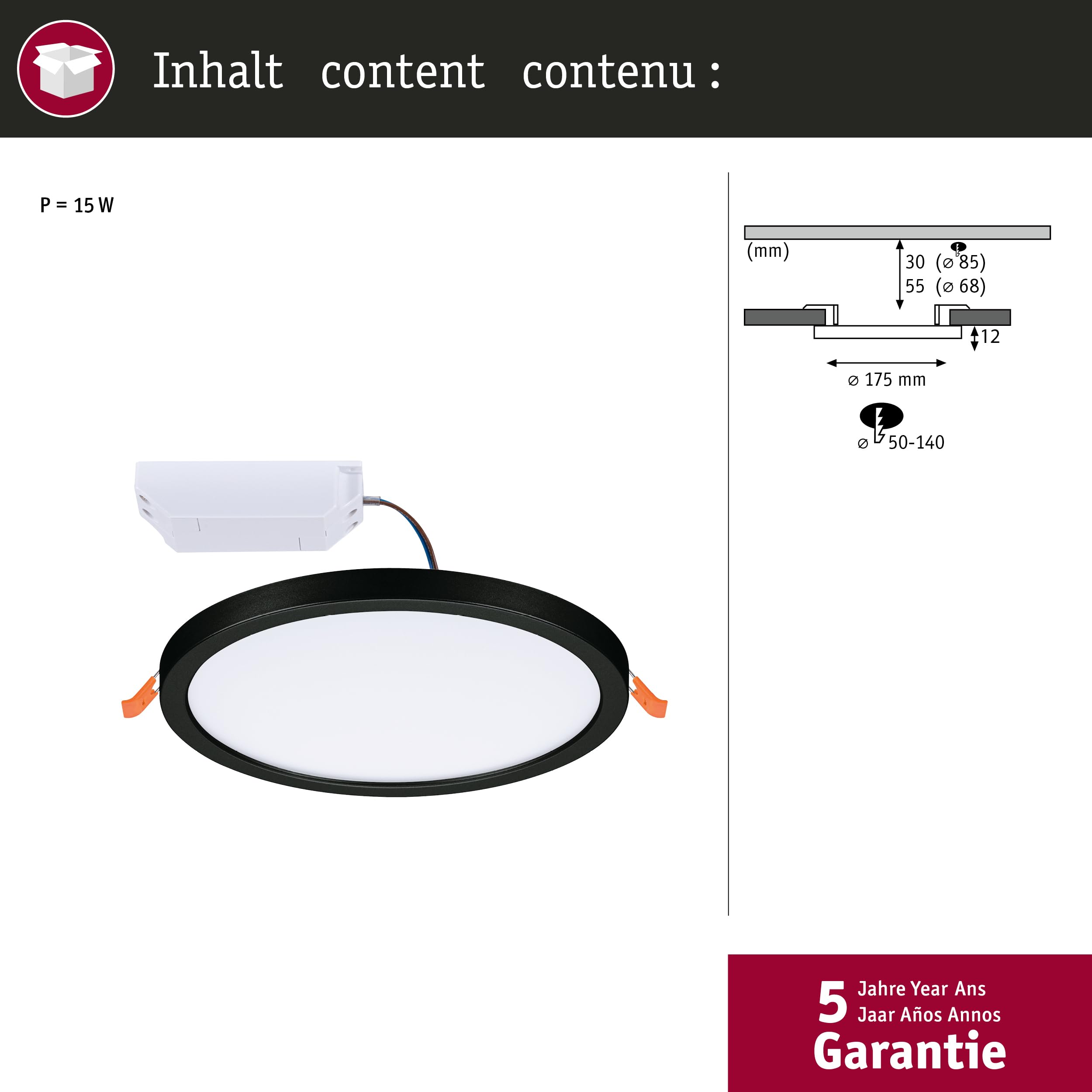 Paulmann 79963 LED Panel Einbaupanel Areo IP44 175mm rund incl. 1x13 W Warmweiß Schwarz Kunststoff Beleuchtungssystem 4000 K