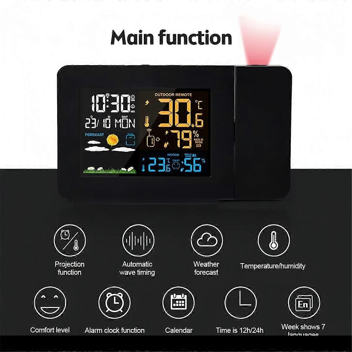LED Indoor Outdoor Temperatur und Luftfeuchtigkeitsmesser - Projektionswecker Wettervorhersage mit Ba