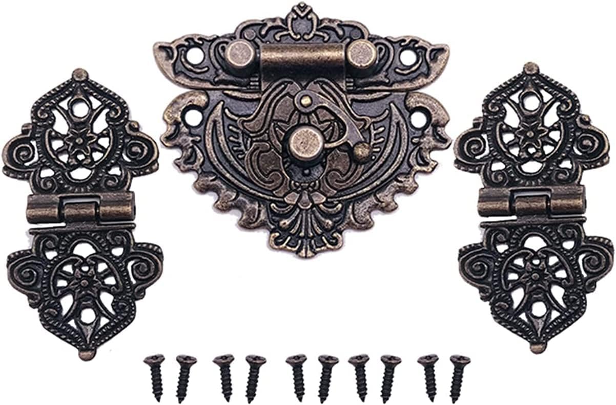 Hasps Latch, 1 Piece of Bronze Furniture Hardware Box Lock Buckle Lock Buckle + 2 Pieces of Decorative Cabinet Hinges for Jewellery Wooden Boxes(Color:3pcs Set)