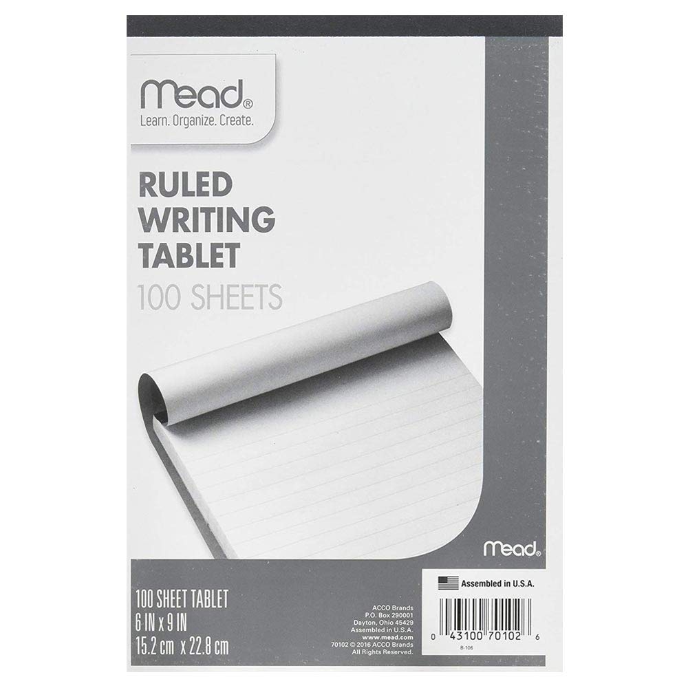 Mead : Writing Tablet,Top-bound,Ruled,20 lb.,6"x9",100 Sh,White -:- Sold as 2 Packs of - 1 - / - Total of 2 Each