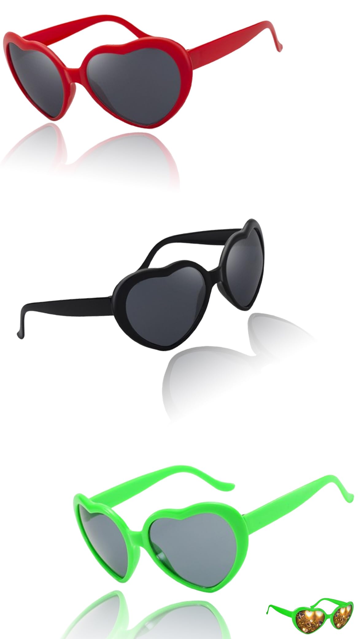 Sweet seven Heart Effect Diffraction Glasses - 3D Sunglasses for Rave, Fireworks, Music Festivals, and Fancy Dress Parties - Set of 3