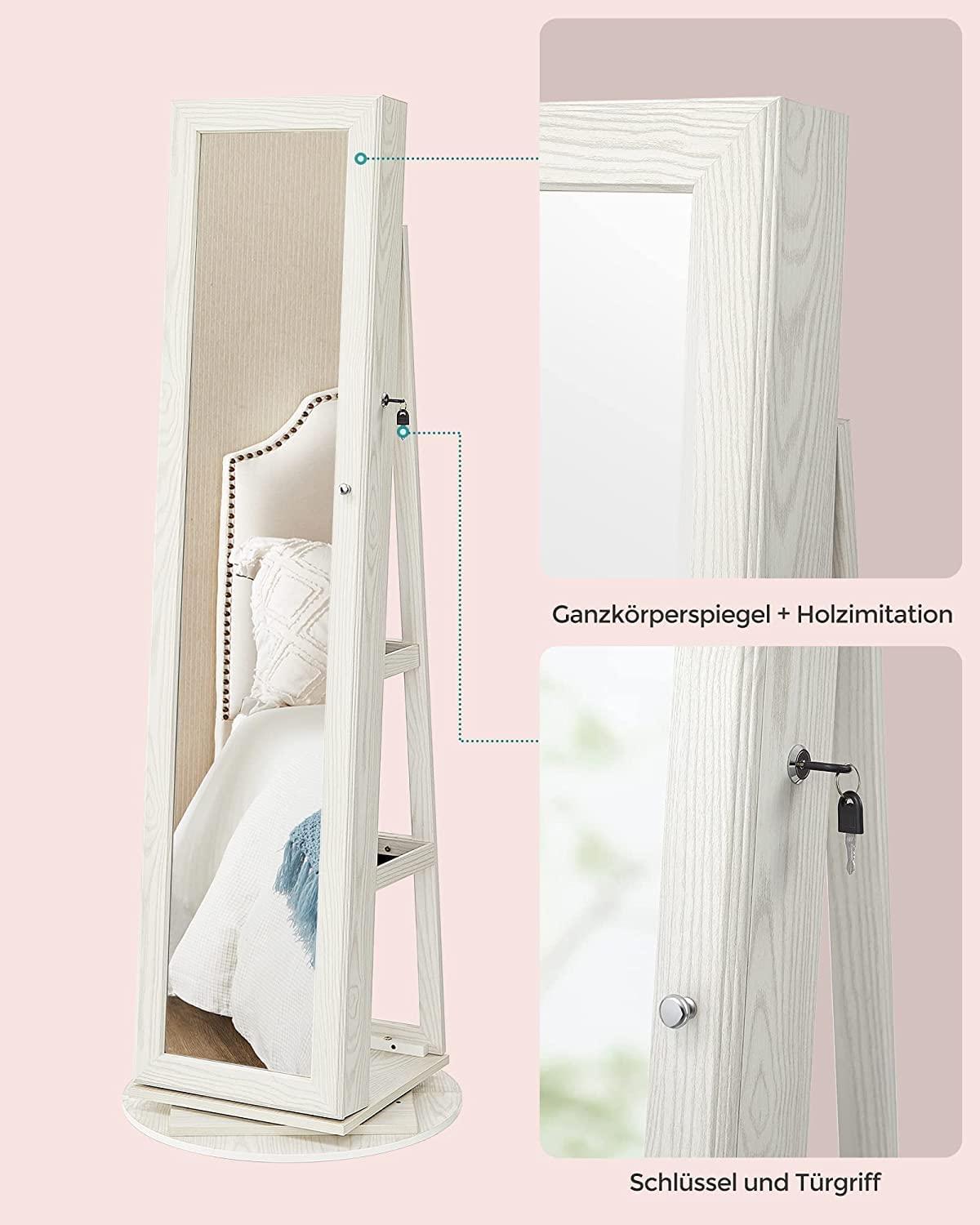 SONGMICS Schmuckschrank, Standspiegel, Spiegelschrank, mit Ganzkörperspiegel, um 360° drehbar, Schmuckaufbewahrung, abschließbar, mit Schlüsseln, Geschenkidee, weiß mit Grauer Holzmaserung JBC62W